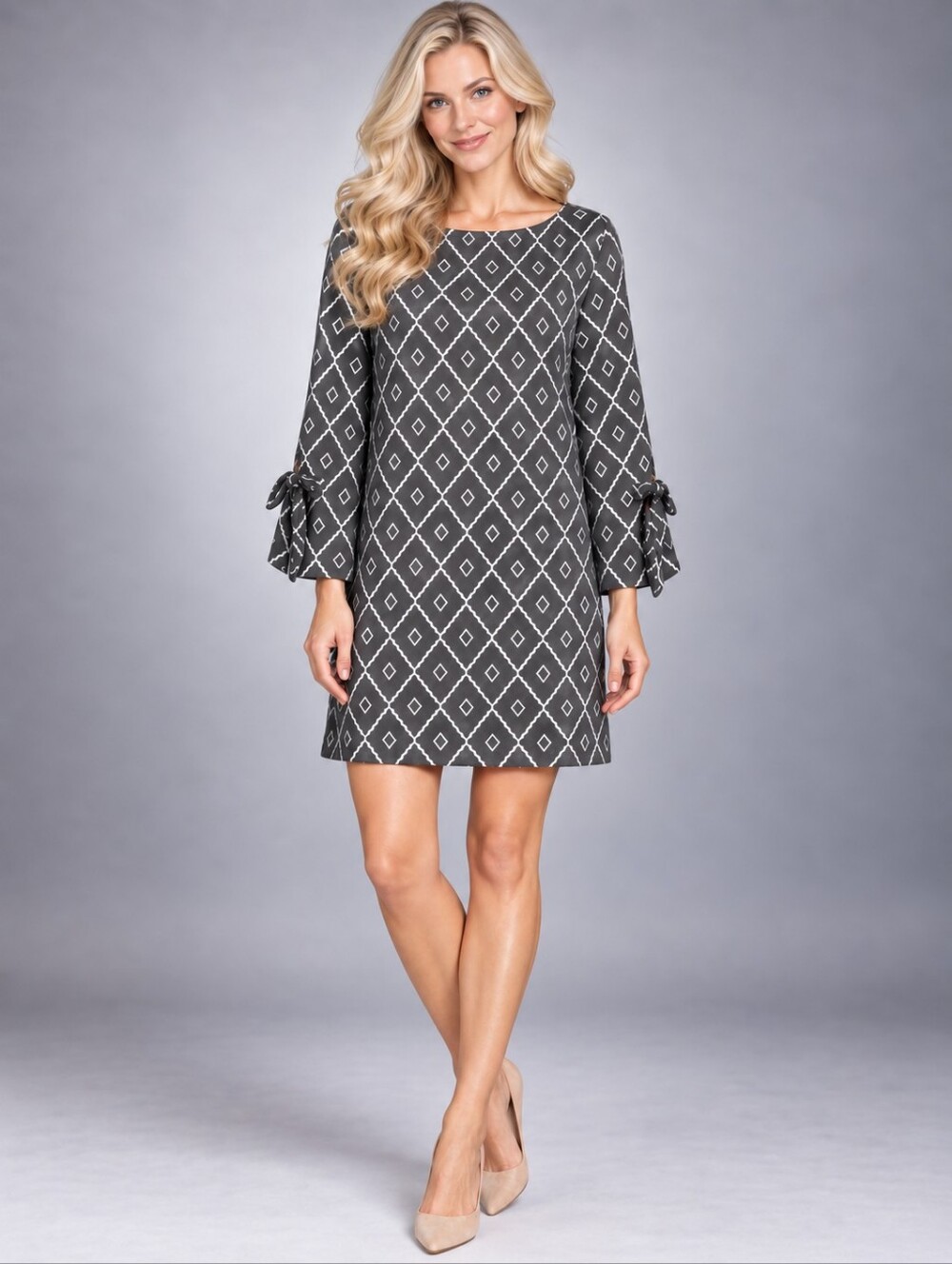LOFT Wool Blend Diamond-Print Gray & White Shift Dress with Tie Cuffs